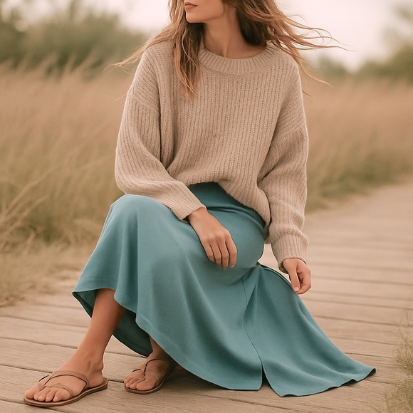 FP Beach by Free People Ribbed Cotton Maxi Skirt Ocean Teal Blue Size L - Picture 1 of 11